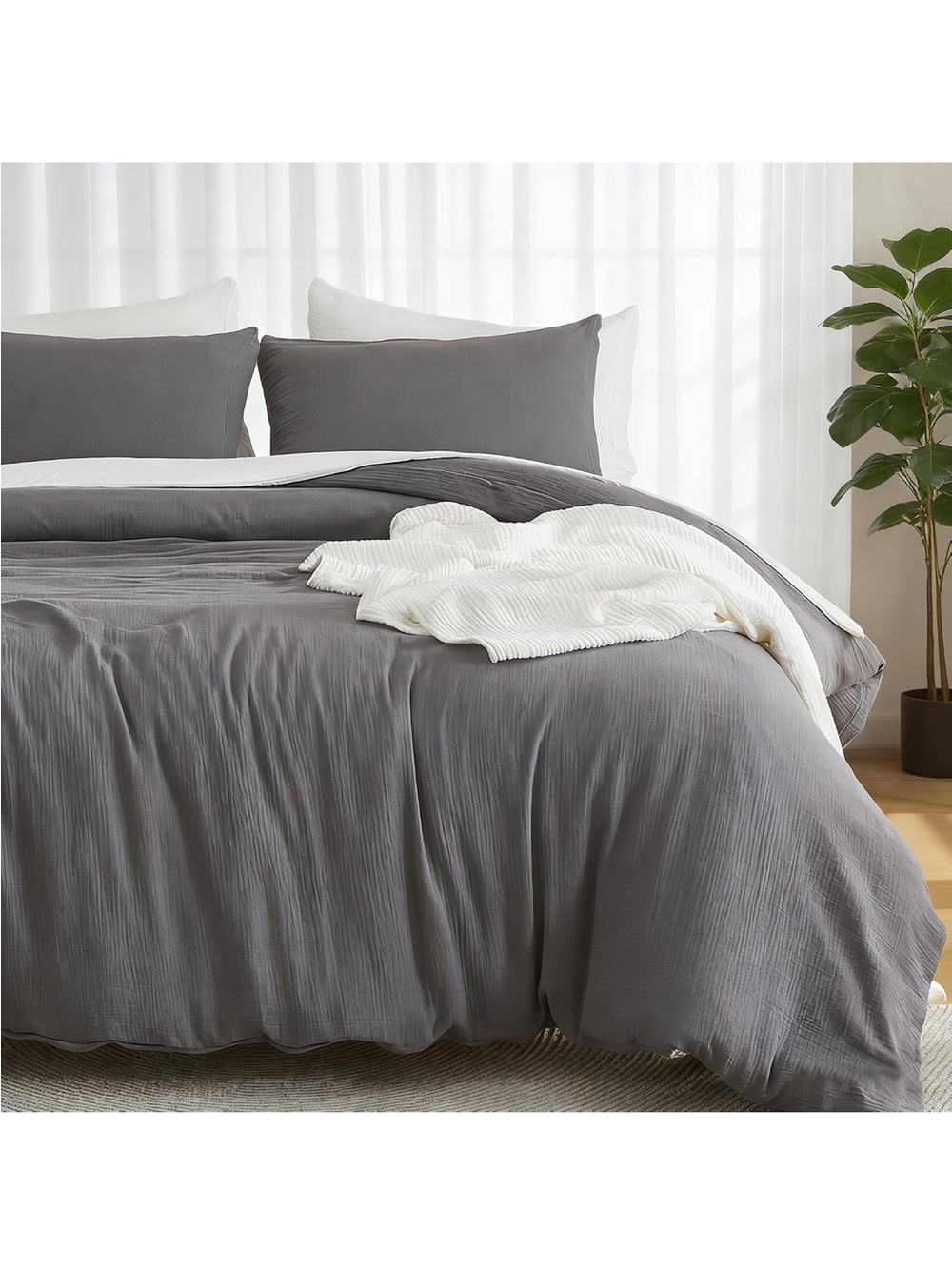 NEW EMME Muslin 100% Cotton Duvet Cover Set w/zipper. Dark Grey. Twin